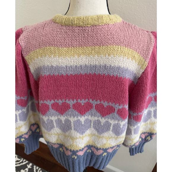 LoveShackFancy Shirelle Puff-Sleeve Heart Sweater Wool Alpaca Pink Icing Medium - Picture 9 of 15